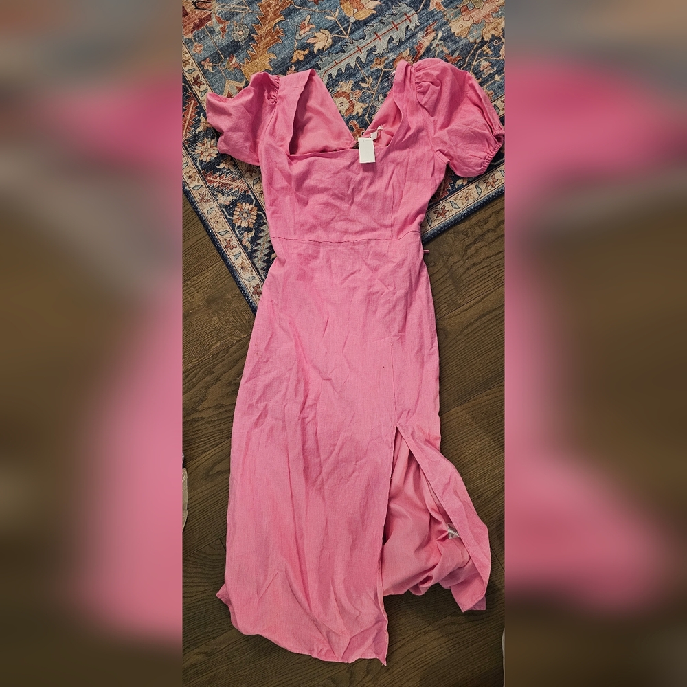 Gianni Bini Nwt Linen Pink Short Sleeve Side Slit Midi Dress Size L - Picture 3 of 3